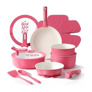 Carote Bateria de Cocina de Cerámica Antiadherente con Mango Desmontable 18 Piezas